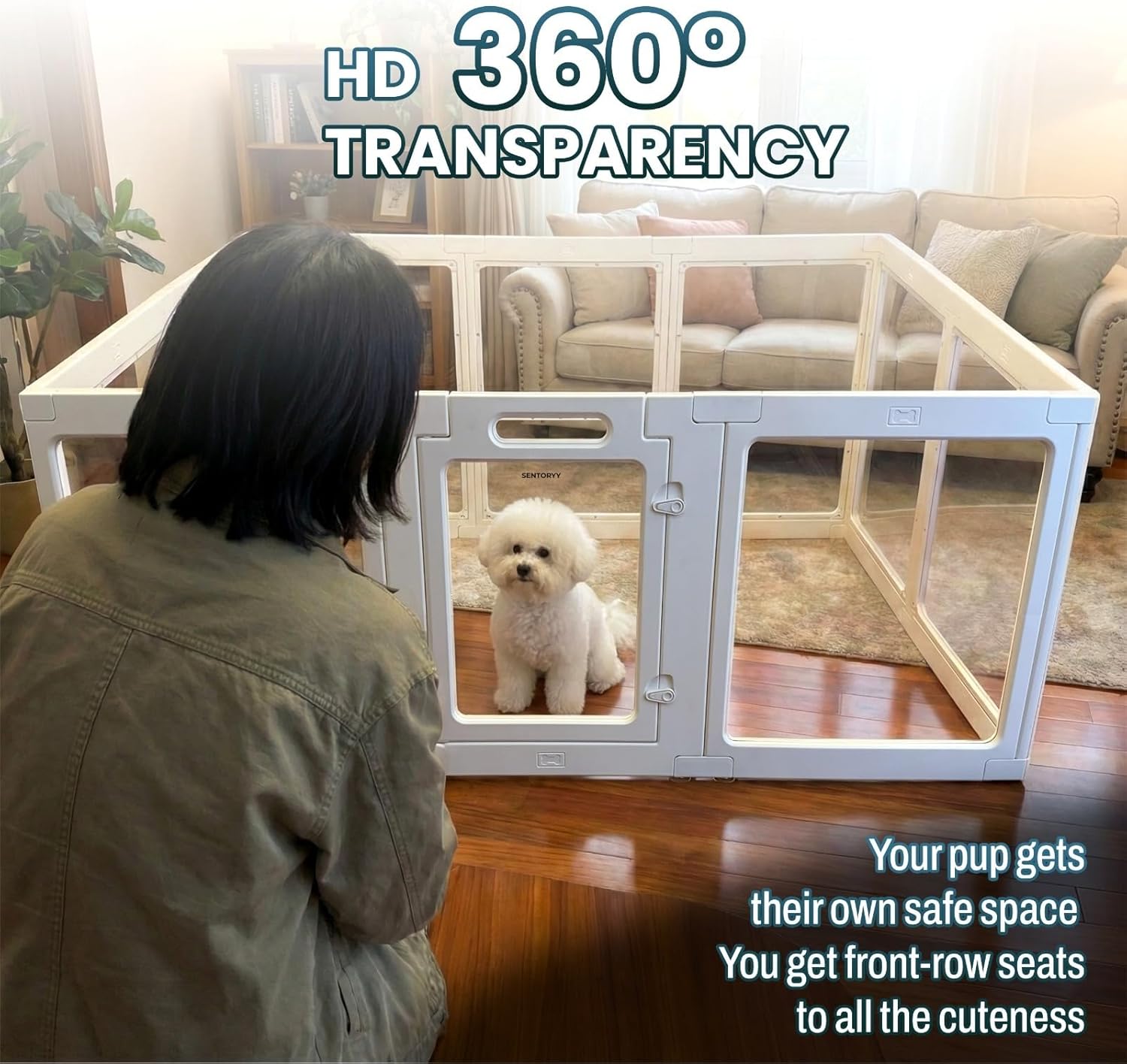 Transparent Indoor Dog Playpen with Safety Lock, Indoor Dog Fence for Small & Medium Pets | Secure, Stylish, Easy Clean Play Pen for Dogs & Pets with Scratch Resistant Panels (White, 10 Panel)
