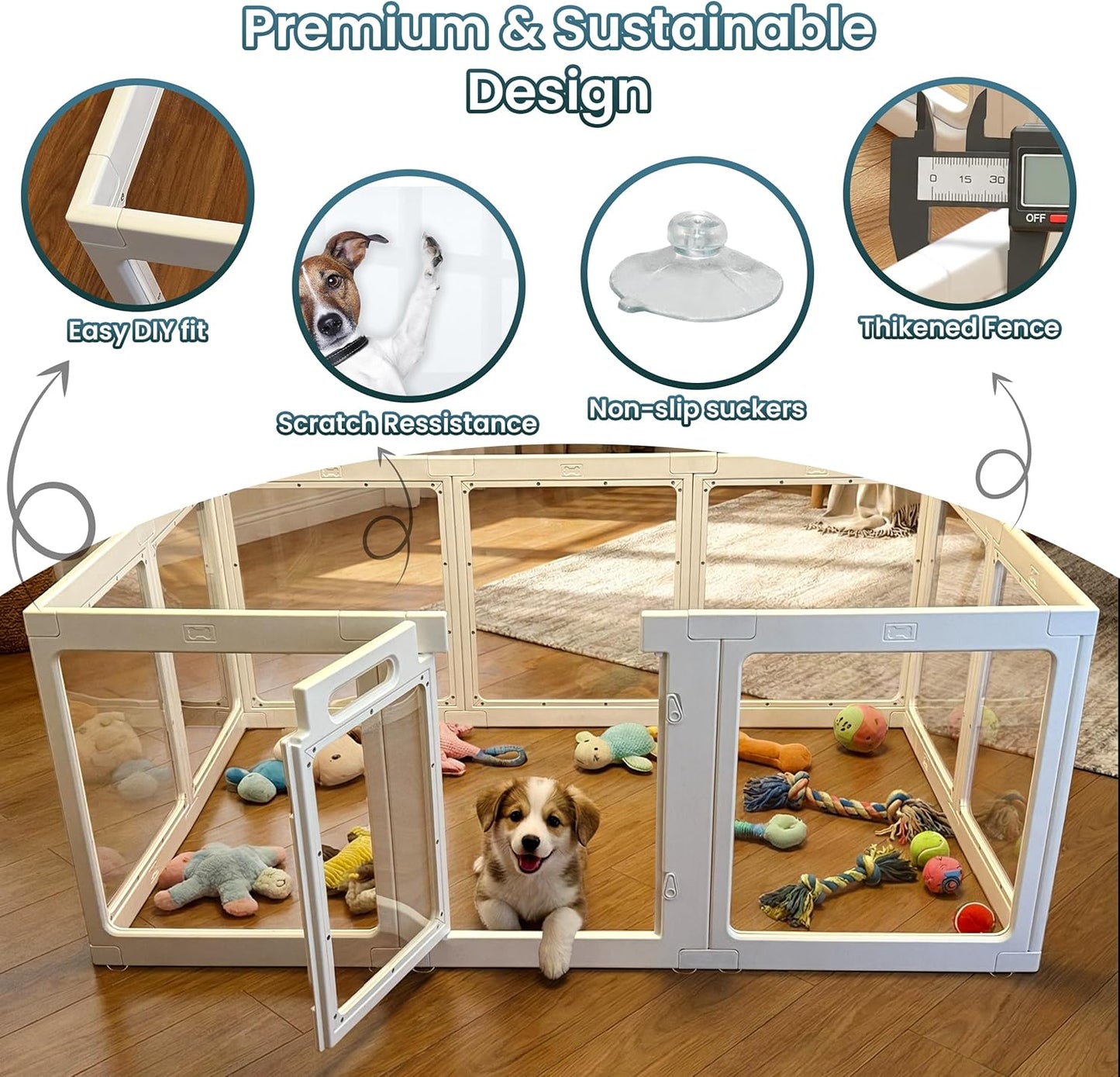Transparent Indoor Dog Playpen with Safety Lock, Indoor Dog Fence for Small & Medium Pets | Secure, Stylish, Easy Clean Play Pen for Dogs & Pets with Scratch Resistant Panels (White, 10 Panel)