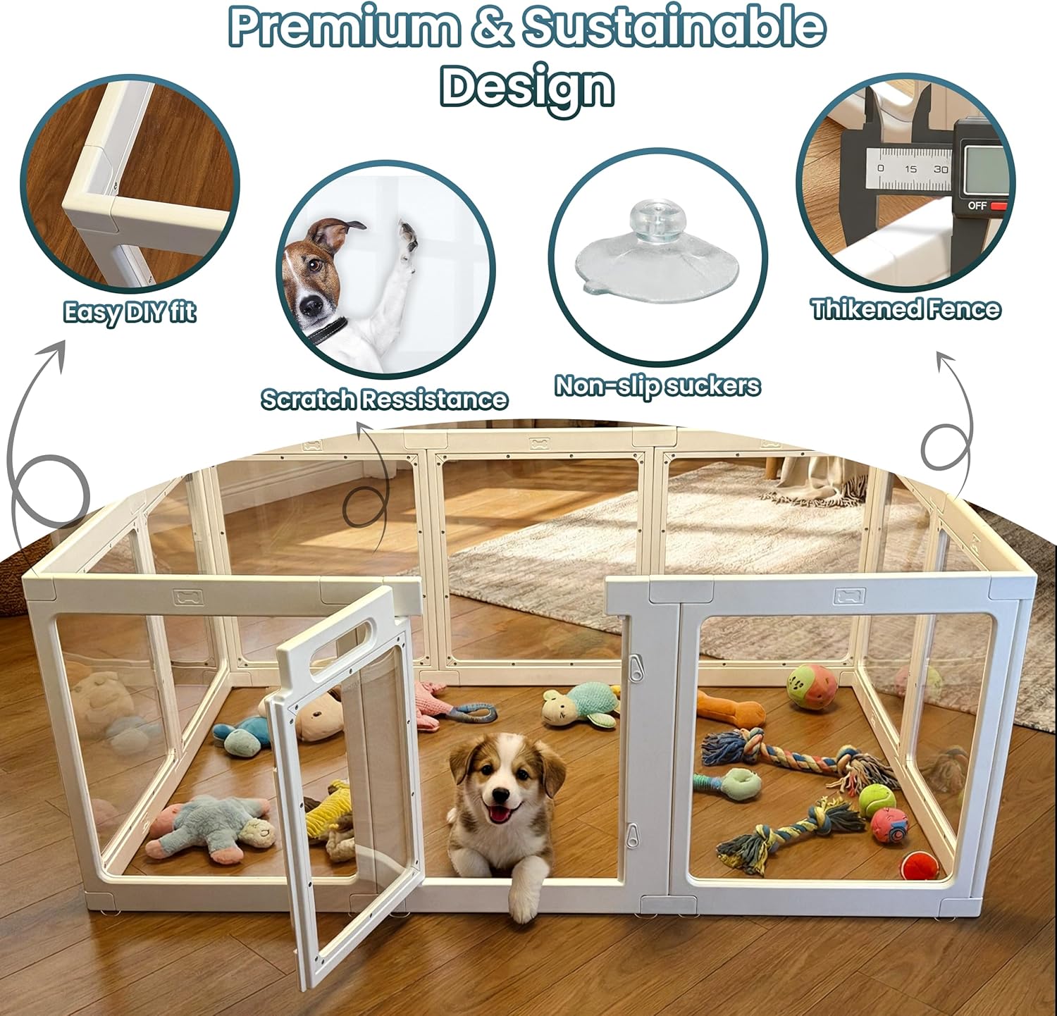 Transparent Indoor Dog Playpen with Safety Lock, Indoor Dog Fence for Small & Medium Pets | Secure, Stylish, Easy Clean Play Pen for Dogs & Pets with Scratch Resistant Panels (White, 10 Panel)