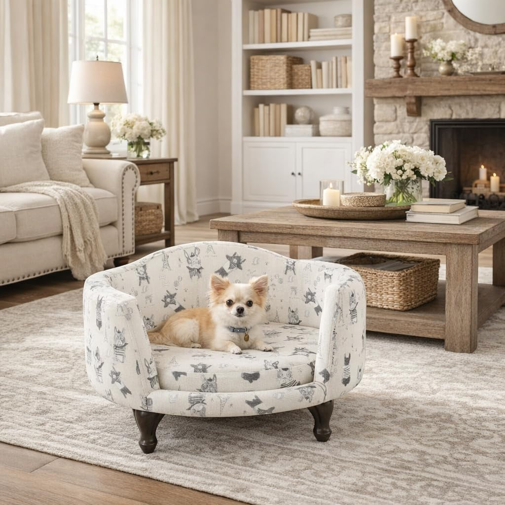 Home Decor | Upholstered Curved Pet Bed | Luxury Cat & Dog Beds & Furniture | round Pet Bed Created with Stain Resistant Fabric, Cream and Gray, Medum